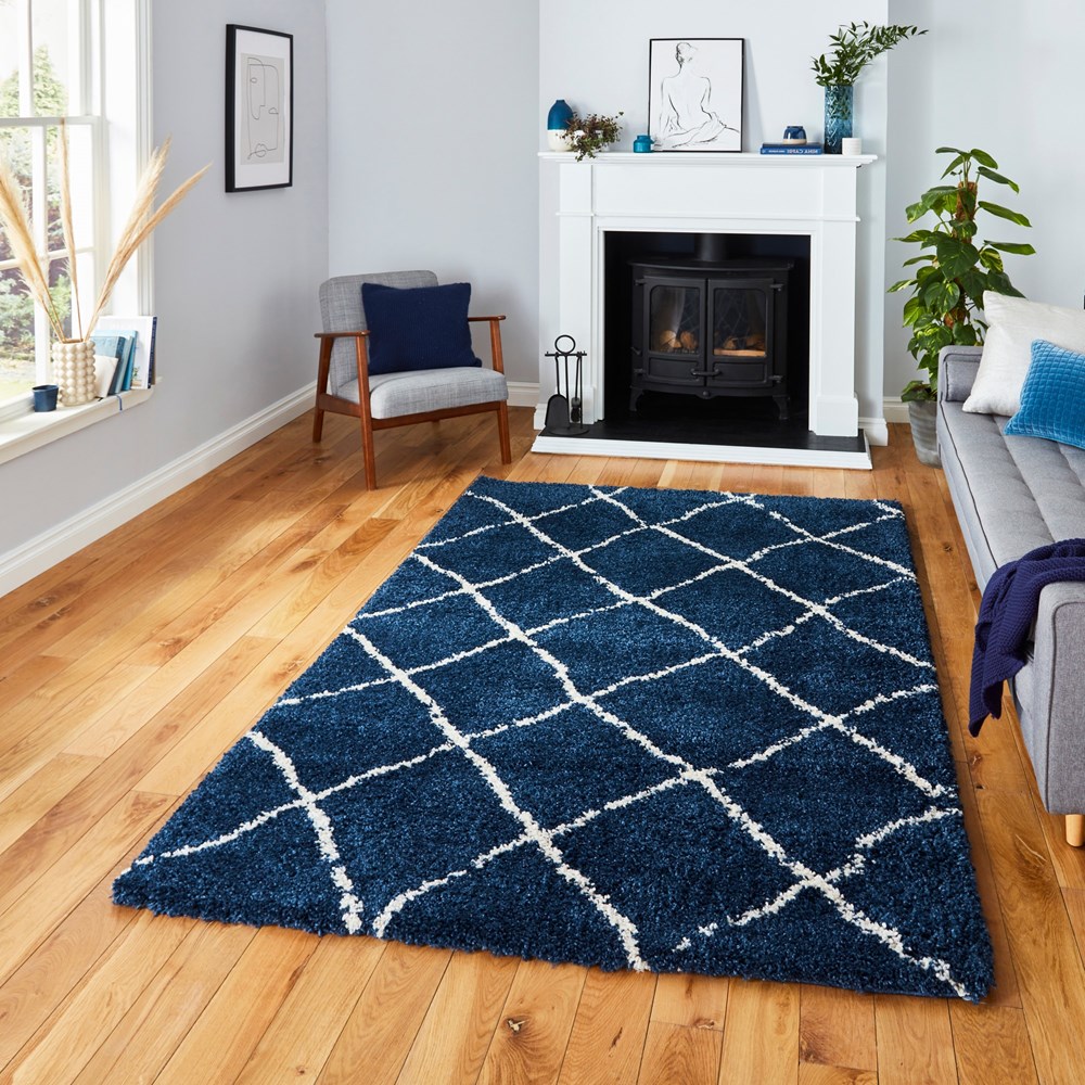 Scandi Berber G257 Shaggy Boho Rugs in Navy Cream